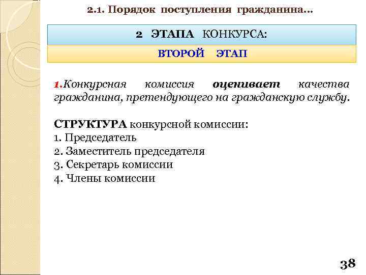 2. 1. Порядок поступления гражданина… 2 ЭТАПА КОНКУРСА: ВТОРОЙ ЭТАП 1. Конкурсная комиссия оценивает