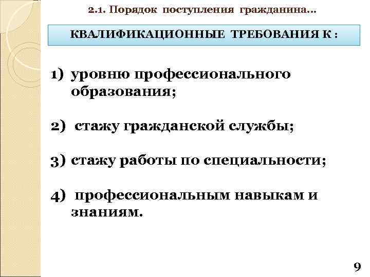 2. 1. Порядок поступления гражданина… КВАЛИФИКАЦИОННЫЕ ТРЕБОВАНИЯ К : 1) уровню профессионального образования; 2)