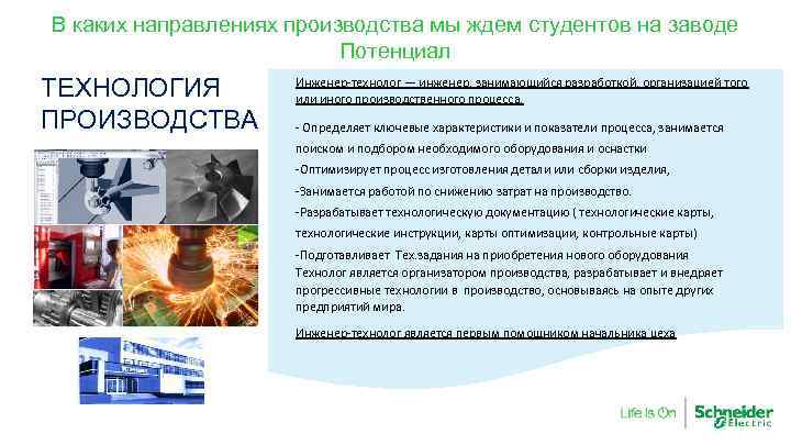 В каких направлениях производства мы ждем студентов на заводе Потенциал ТЕХНОЛОГИЯ ПРОИЗВОДСТВА Инженер-технолог —