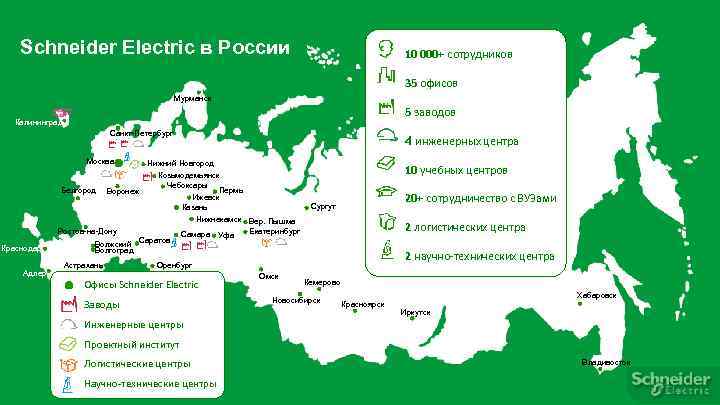 Schneider Electric в России 10 000+ сотрудников 35 офисов Мурманск 5 заводов Калининград Санкт-Петербург