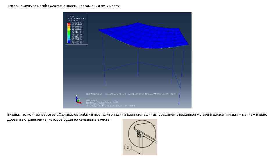 Теперь в модуле Results можем вывести напряжения по Мизесу: Видим, что контакт работает. Однако,