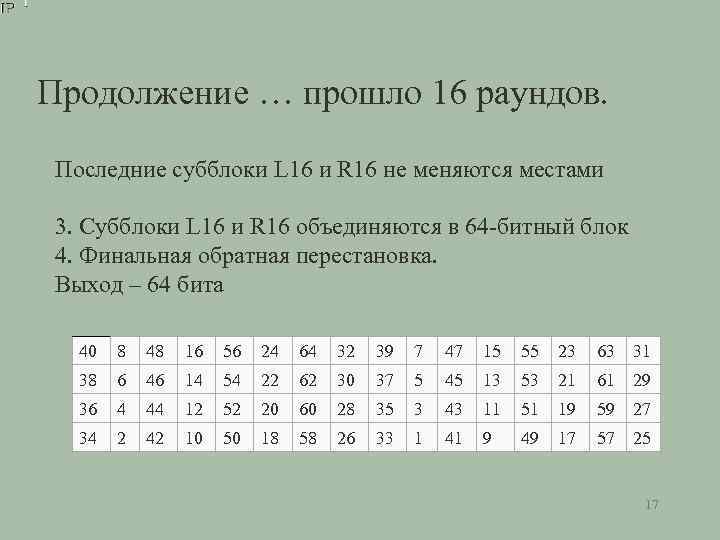 Продолжение … прошло 16 раундов. Последние субблоки L 16 и R 16 не меняются