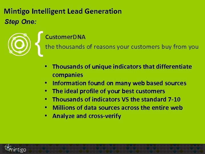 Mintigo Intelligent Lead Generation Step One: { Customer. DNA the thousands of reasons your
