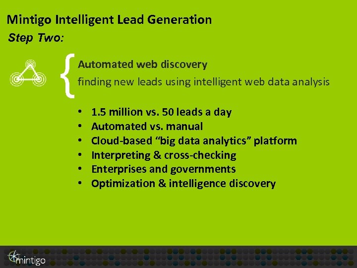 Mintigo Intelligent Lead Generation Step Two: { Automated web discovery finding new leads using