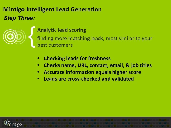 Mintigo Intelligent Lead Generation Step Three: { Analytic lead scoring finding more matching leads,