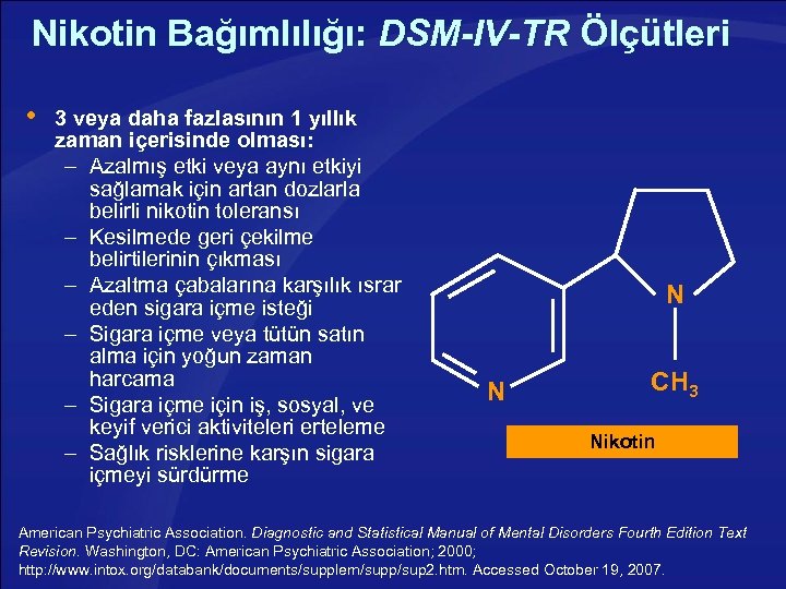 Nikotin Bağımlılığı: DSM-IV-TR Ölçütleri 3 veya daha fazlasının 1 yıllık zaman içerisinde olması: –