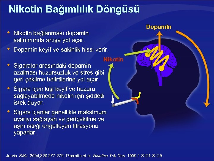 Nikotin Bağımlılık Döngüsü Dopamin Nikotin bağlanması dopamin salınımında artışa yol açar. Dopamin keyif ve