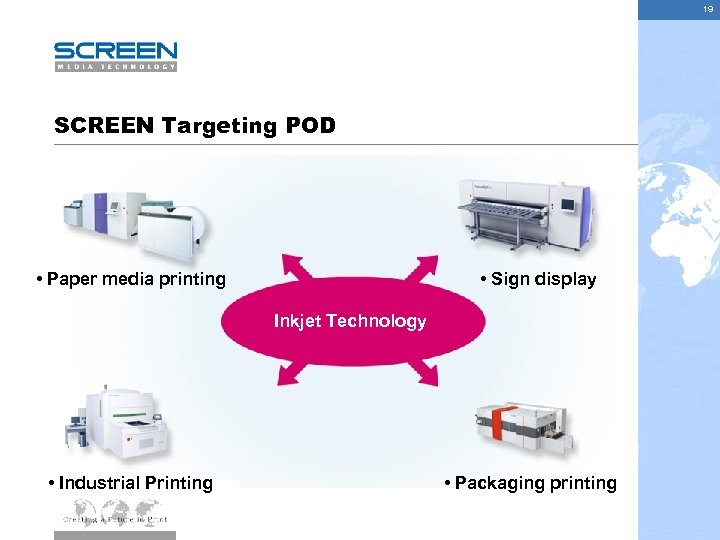 19 SCREEN Targeting POD • Paper media printing • Sign display Inkjet Technology •