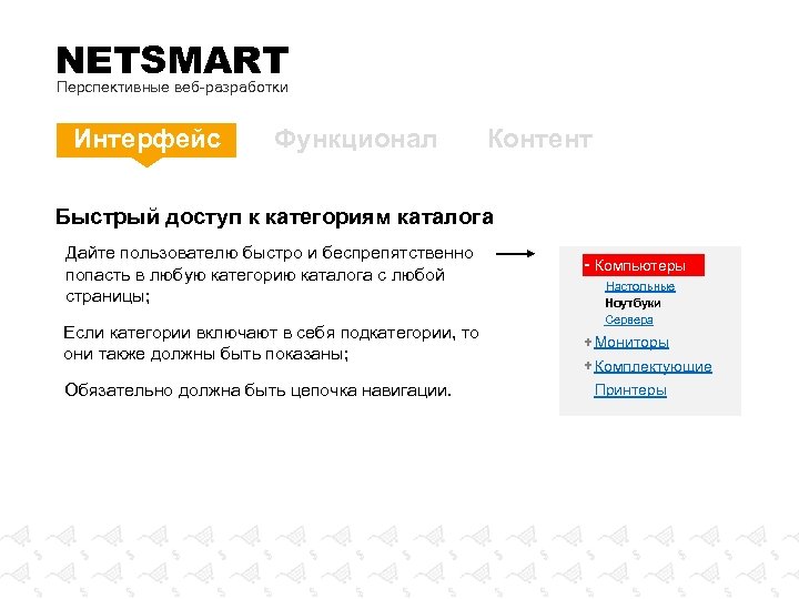 NETSMART Перспективные веб-разработки Интерфейс Функционал Контент Быстрый доступ к категориям каталога Дайте пользователю быстро