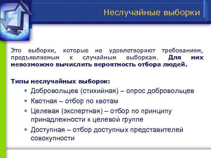 Неслучайные выборки Это выборки, которые не удовлетворяют требованиям, предъявляемым к случайным выборкам. Для них
