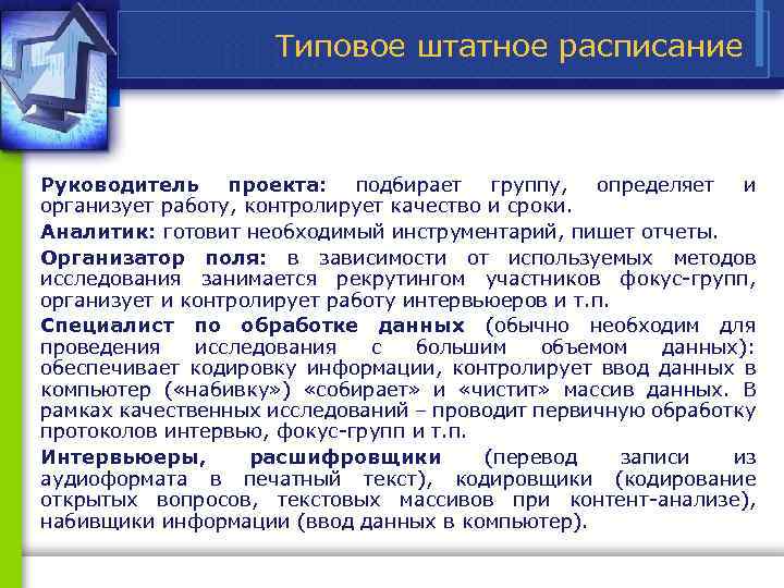 Типовое штатное расписание Руководитель проекта: подбирает группу, определяет и организует работу, контролирует качество и