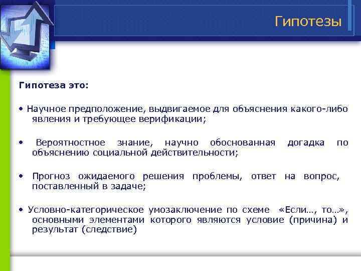 Гипотезы Гипотеза это: • Научное предположение, выдвигаемое для объяснения какого либо явления и требующее