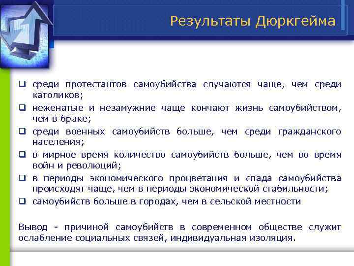 Результаты Дюркгейма q среди протестантов самоубийства случаются чаще, чем среди католиков; q неженатые и