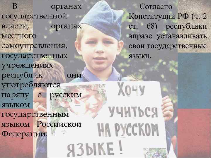 В органах государственной власти, органах местного самоуправления, государственных учреждениях республик они употребляются наряду с