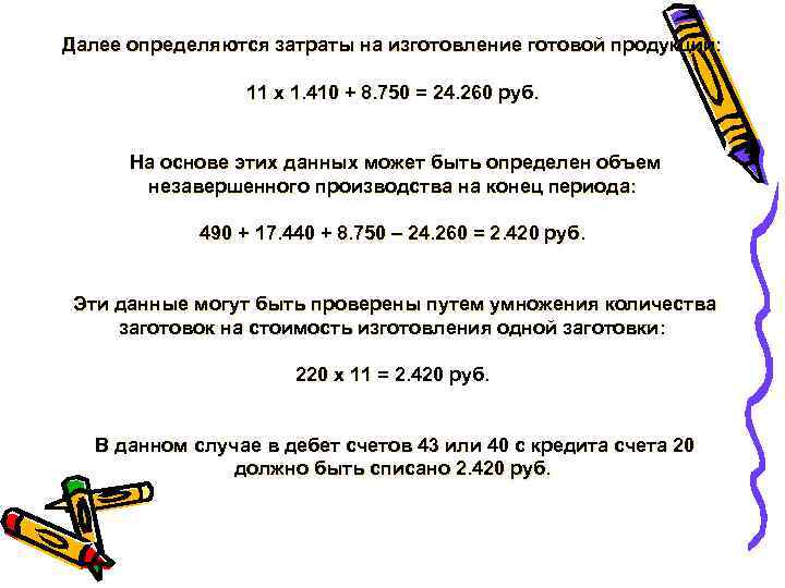 Далее определяются затраты на изготовление готовой продукции: 11 х 1. 410 + 8. 750