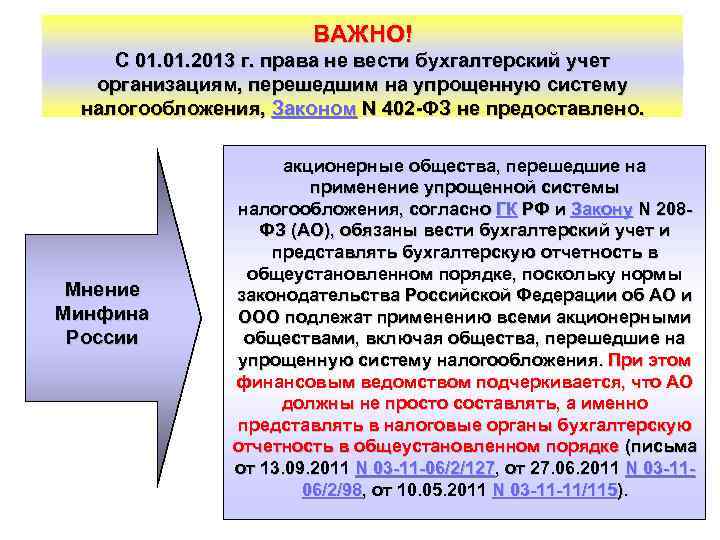 ВАЖНО! С 01. 2013 г. права не вести бухгалтерский учет организациям, перешедшим на упрощенную