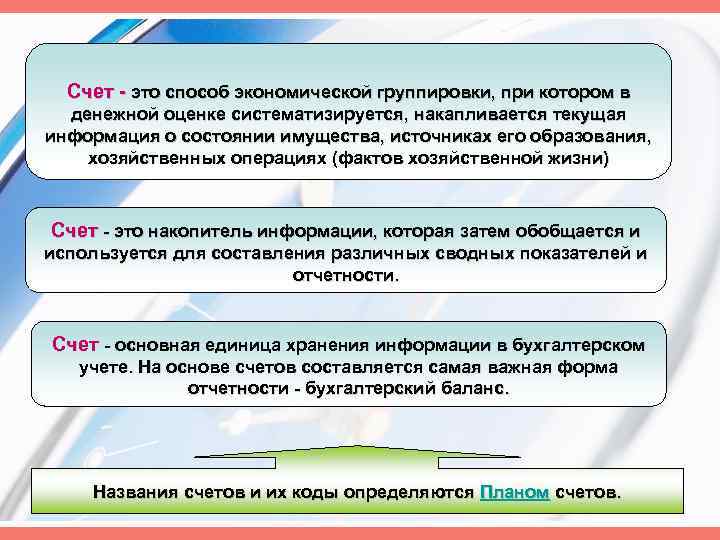 Счет это способ экономической группировки, при котором в денежной оценке систематизируется, накапливается текущая информация