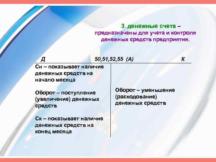 3. денежные счета – предназначены для учета и контроля денежных средств предприятия. Д 50,