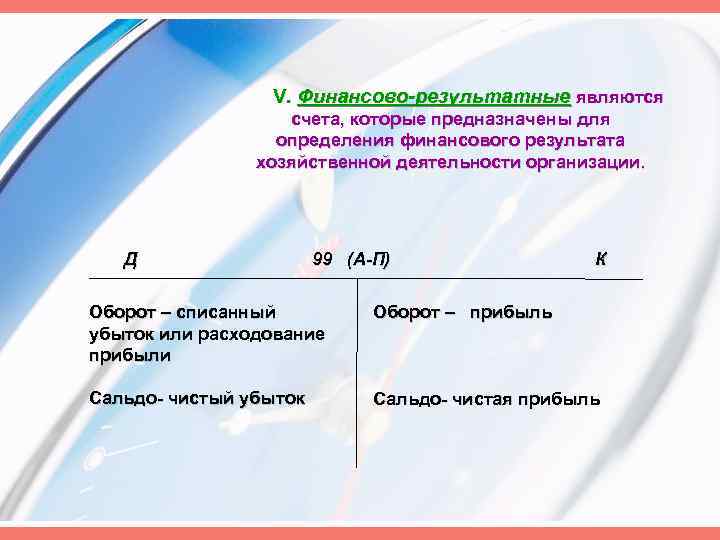 V. Финансово-результатные являются счета, которые предназначены для определения финансового результата хозяйственной деятельности организации. Д