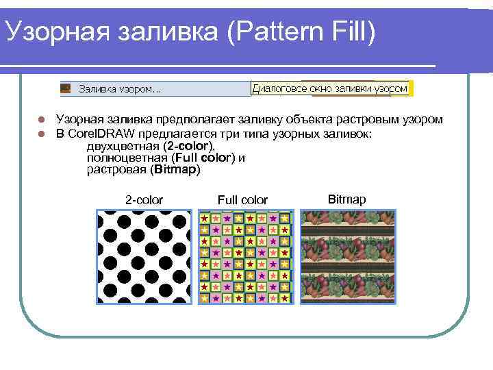 Узорная заливка (Pattern Fill) l l Узорная заливка предполагает заливку объекта растровым узором В