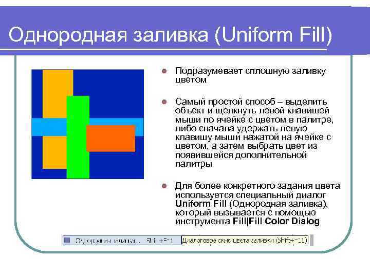 Однородная заливка (Uniform Fill) l Подразумевает сплошную заливку цветом l Самый простой способ –