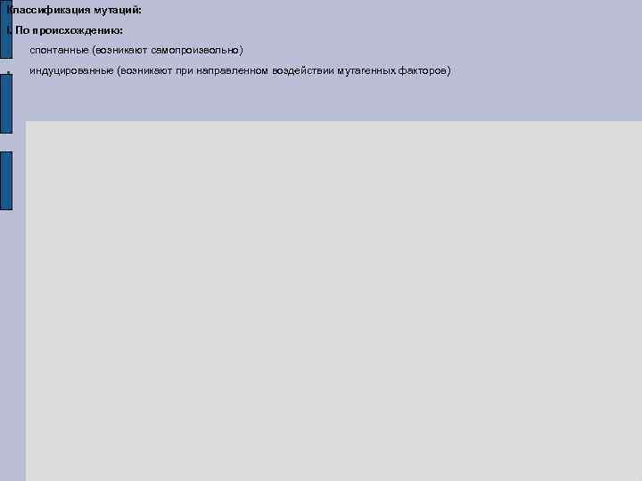Классификация мутаций: I. По происхождению: спонтанные (возникают самопроизвольно) индуцированные (возникают при направленном воздействии мутагенных