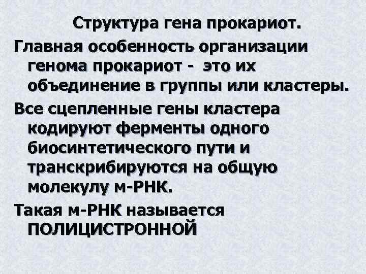 Структура гена прокариот. Главная особенность организации генома прокариот - это их объединение в группы