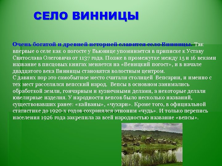 СЕЛО ВИННИЦЫ Очень богатой и древней историей славится село Винницы. Так впервые о селе
