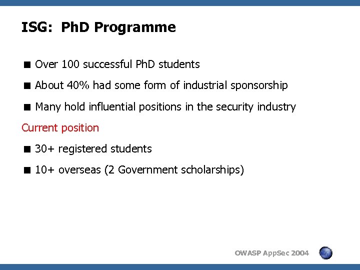 ISG: Ph. D Programme < Over 100 successful Ph. D students < About 40%