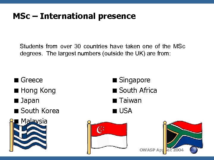 MSc – International presence Students from over 30 countries have taken one of the