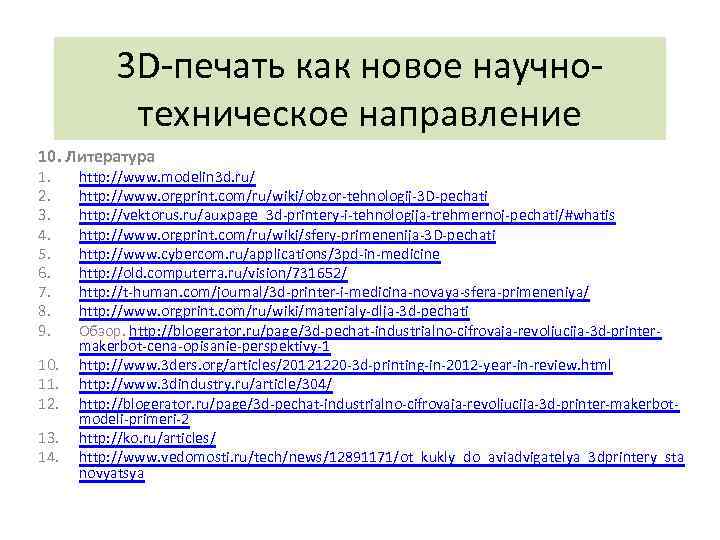 3 D-печать как новое научнотехническое направление 10. Литература 1. 2. 3. 4. 5. 6.