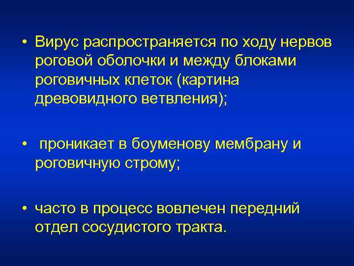  • Вирус распространяется по ходу нервов роговой оболочки и между блоками роговичных клеток