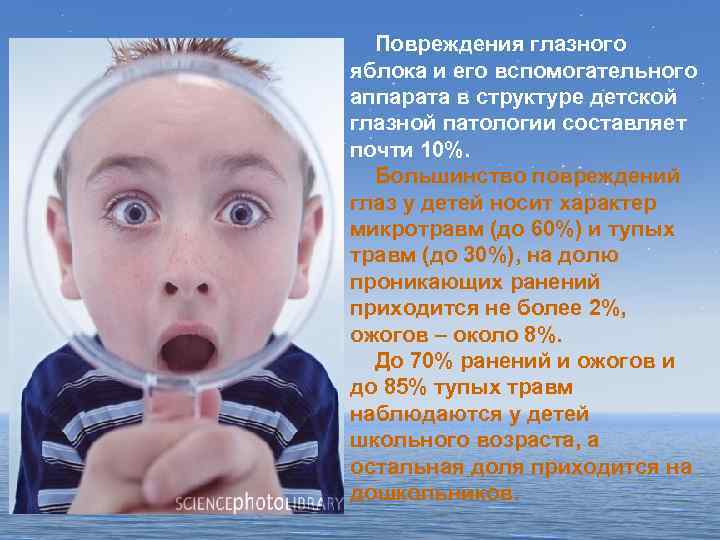 Повреждения глазного яблока и его вспомогательного аппарата в структуре детской глазной патологии составляет почти