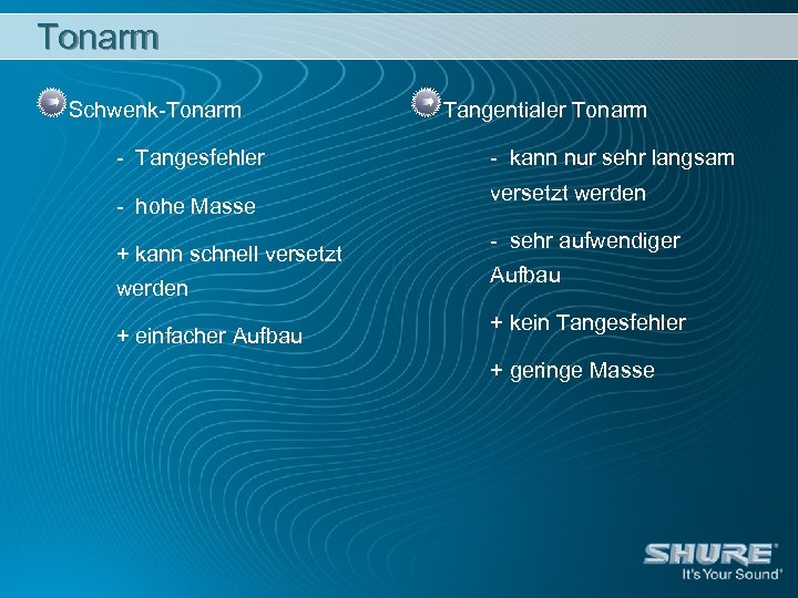 Tonarm Schwenk-Tonarm - Tangesfehler - hohe Masse + kann schnell versetzt werden + einfacher