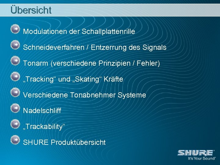 Übersicht Modulationen der Schallplattenrille Schneideverfahren / Entzerrung des Signals Tonarm (verschiedene Prinzipien / Fehler)