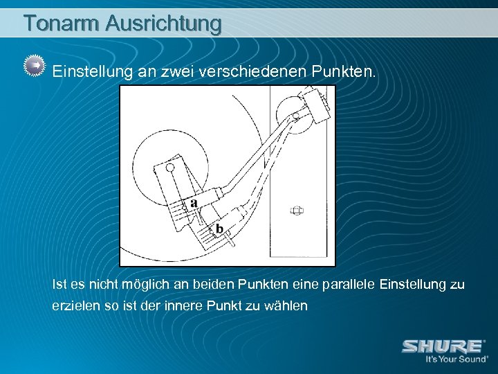 Tonarm Ausrichtung Einstellung an zwei verschiedenen Punkten. Ist es nicht möglich an beiden Punkten
