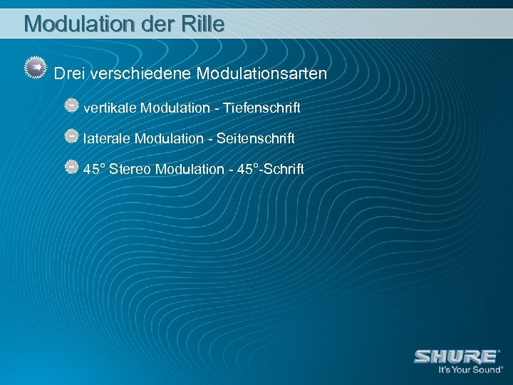 Modulation der Rille Drei verschiedene Modulationsarten vertikale Modulation - Tiefenschrift laterale Modulation - Seitenschrift
