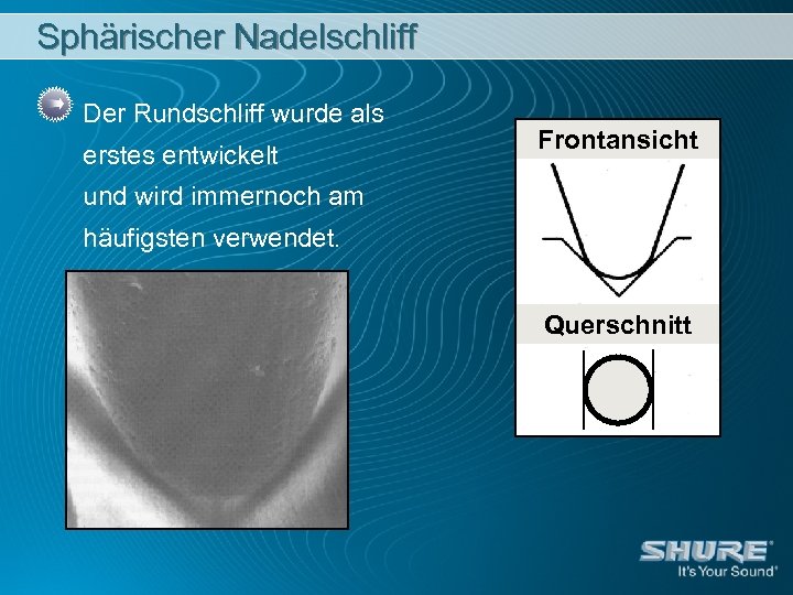 Sphärischer Nadelschliff Der Rundschliff wurde als erstes entwickelt Frontansicht und wird immernoch am häufigsten