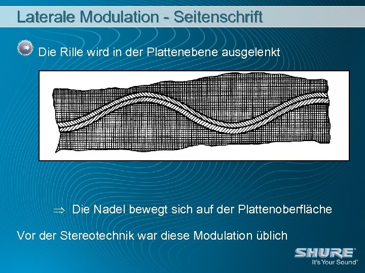 Laterale Modulation - Seitenschrift Die Rille wird in der Plattenebene ausgelenkt Die Nadel bewegt