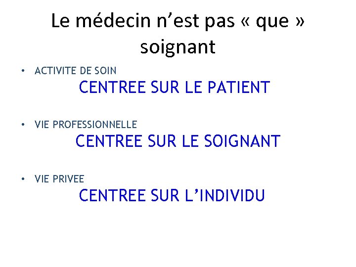 Le médecin n’est pas « que » soignant • ACTIVITE DE SOIN CENTREE SUR