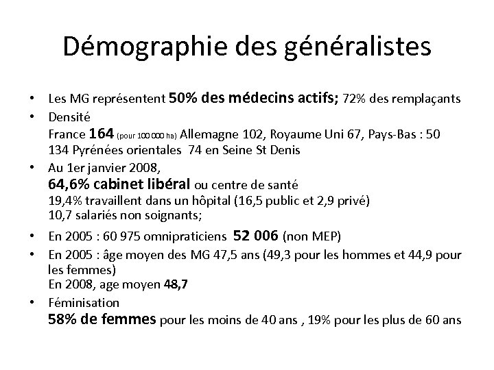 Démographie des généralistes • Les MG représentent 50% des médecins actifs; 72% des remplaçants