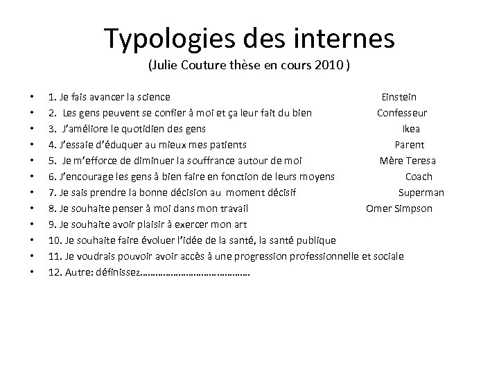 Typologies des internes (Julie Couture thèse en cours 2010 ) • • • 1.