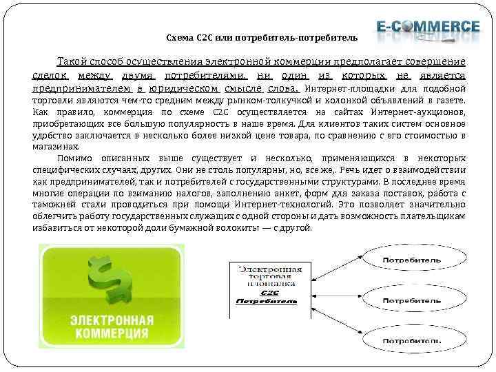 Схема С 2 С или потребитель-потребитель Такой способ осуществления электронной коммерции предполагает совершение сделок