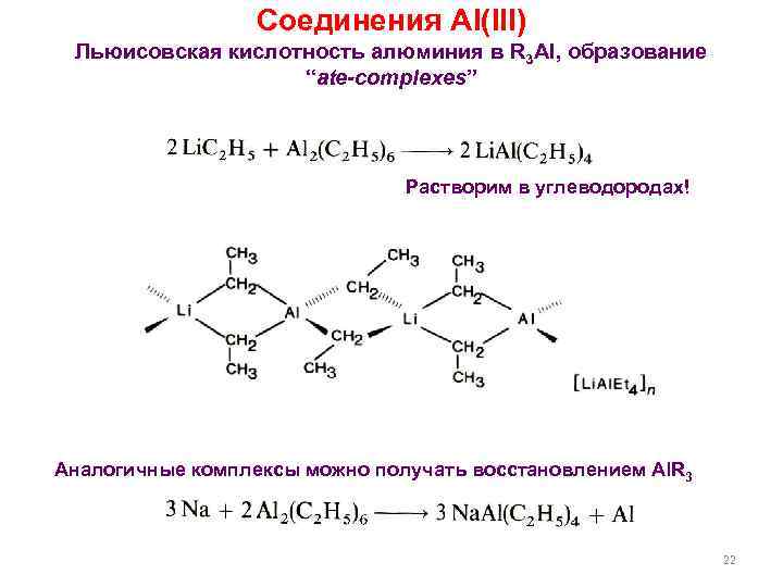 Соединения Al(III) Льюисовская кислотность алюминия в R 3 Al, образование “ate-complexes” Растворим в углеводородах!