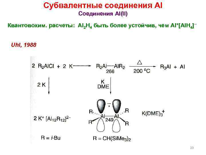 Субвалентные соединения Al Соединения Al(II) Квантовохим. расчеты: Al 2 H 4 быть более устойчив,
