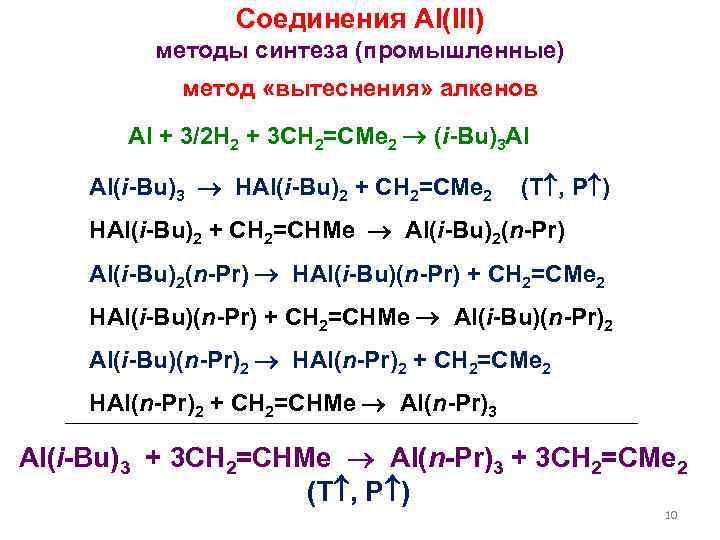 Соединения Al(III) методы синтеза (промышленные) метод «вытеснения» алкенов Al + 3/2 H 2 +