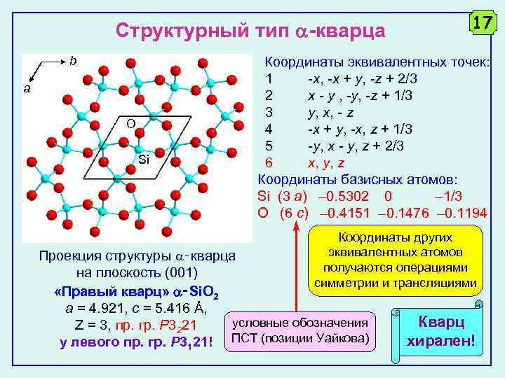 Структурный тип -кварца b 17 Координаты эквивалентных точек: a O Si 1 -x, -x
