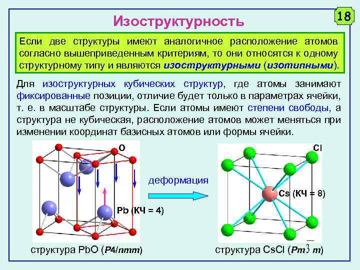 18 Изоструктурность Если две структуры имеют аналогичное расположение атомов согласно вышеприведенным критериям, то они