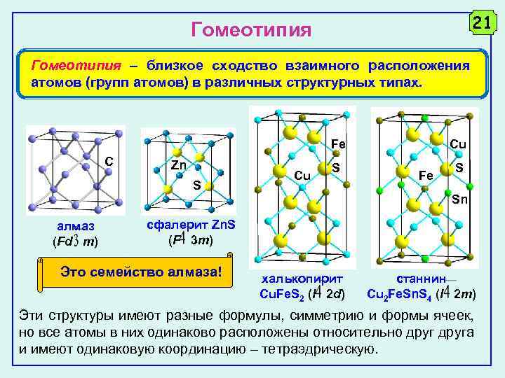 21 Гомеотипия – близкое сходство взаимного расположения атомов (групп атомов) в различных структурных типах.