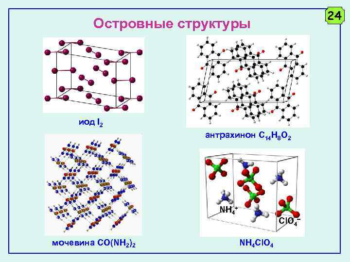 24 Островные структуры иод I 2 антрахинон C 14 H 8 O 2 NH